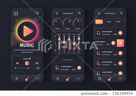 Music player concept neumorphic templates set. Play songs, equalizer settings, playlist, navigation elements. UI, UX, GUI screens for responsive mobile app. Vector design kit in neumorphism style 136199454