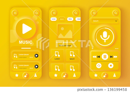 Music player concept neumorphic templates set. Player interface with musical albums, songs playlist, navigation. UI, UX, GUI screens for responsive mobile app. Vector design kit in neumorphism style Music player concept neumorphic templates set. Player interface with musical albums, songs playlist, navigation. UI, UX, GUI screens for responsive mobile app. Vector design kit in neumorphism style 136199458