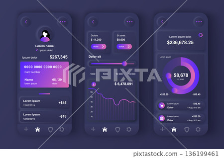 Online banking concept neumorphic templates set. Financial statistics at personal account, bank transactions. UI, UX, GUI screens for responsive mobile app. Vector design kit in neumorphism style Online banking concept neumorphic templates set. Financial statistics at personal account, bank transactions. UI, UX, GUI screens for responsive mobile app. Vector design kit in neumorphism style 136199461