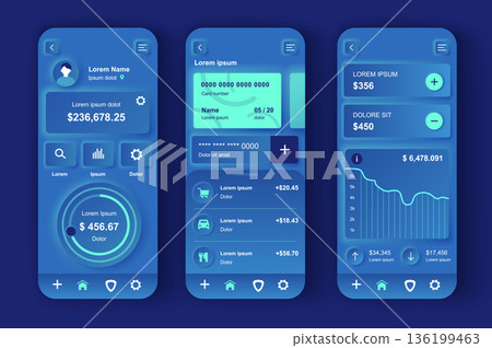 Online banking concept neumorphic templates set. Management and accounting personal finance, payment, transaction. UI, UX, GUI screens for responsive mobile app. Vector design kit in neumorphism style Online banking concept neumorphic templates set. Management and accounting personal finance, payment, transaction. UI, UX, GUI screens for responsive mobile app. Vector design kit in neumorphism style 136199463