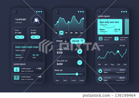 Online banking concept neumorphic templates set. Personal financial account interface with analytics information. UI, UX, GUI screens for responsive mobile app. Vector design kit in neumorphism style Online banking concept neumorphic templates set. Personal financial account interface with analytics information. UI, UX, GUI screens for responsive mobile app. Vector design kit in neumorphism style 136199464