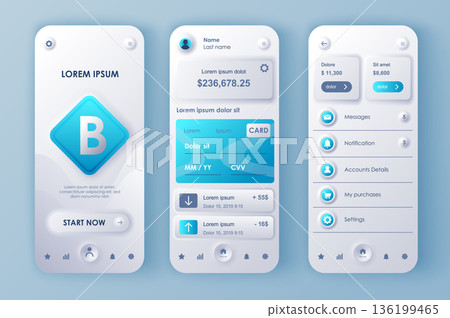 Online banking concept neumorphic templates set. Personal account, credit card service, financial transactions. UI, UX, GUI screens for responsive mobile app. Vector design kit in neumorphism style Online banking concept neumorphic templates set. Personal account, credit card service, financial transactions. UI, UX, GUI screens for responsive mobile app. Vector design kit in neumorphism style 136199465