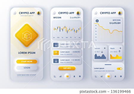 Cryptocurrency concept neumorphic templates set. Financial data analytics, buying and selling bitcoins, mining. UI, UX, GUI screens for responsive mobile app. Vector design kit in neumorphism style Cryptocurrency concept neumorphic templates set. Financial data analytics, buying and selling bitcoins, mining. UI, UX, GUI screens for responsive mobile app. Vector design kit in neumorphism style 136199466