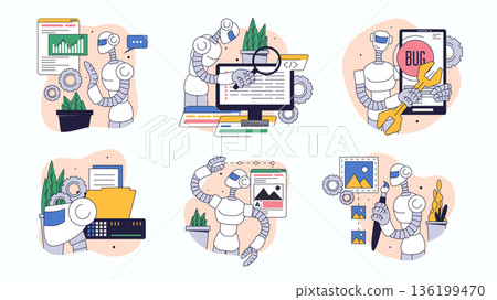 Artificial intelligence concept set for web design. Collection with people assistant analyzing data, search information, generates images, more. Flat vector illustration isolated on white background. 136199470