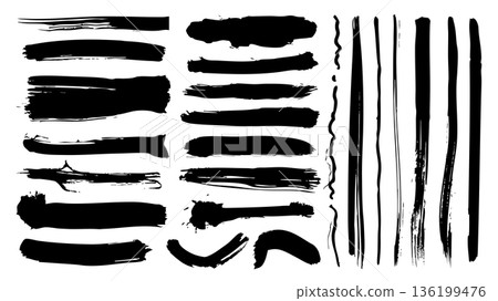 Black paint brush strokes set. Collection of paintbrush smears of dirty rectangle shape stains, scribble lines and stripes. Messy rough frames with dry ink splatters texture. Vector illustration. 136199476