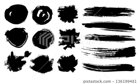 Black paint brush strokes set. Collection of paintbrush smears of round shapes and rectangle stamps with ink splatters texture. Acrylic due blots and marks with scratches edge. Vector illustration. Black paint brush strokes set. Collection of paintbrush smears of round shapes and rectangle stamps with ink splatters texture. Acrylic due blots and marks with scratches edge. Vector illustration. 136199481