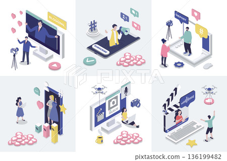 Blogging 3d isometry concept for web design. Collection set with isometric people creating video content, making new posts in social media, advertising and attracting followers. Vector illustration. Blogging 3d isometry concept for web design. Collection set with isometric people creating video content, making new posts in social media, advertising and attracting followers. Vector illustration. 136199482