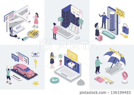 Booking 3d isometry concept for web design. Collection set with isometric people searching and buying airline tickets, ordering taxi, hotel room or restaurant table in mobile app. Vector illustration. 136199483