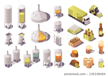 Brewery factory 3d isometric set. Collection isolated flat elements of fermentation, distillery and other machinery, beer industry production, bottles, truck distribution, more. Vector illustration. Brewery factory 3d isometric set. Collection isolated flat elements of fermentation, distillery and other machinery, beer industry production, bottles, truck distribution, more. Vector illustration. 136199484