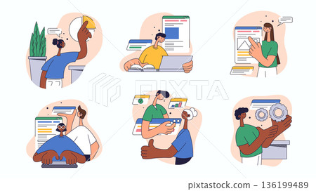 Business and marketing concept set for web design. Collection with people analyzing data, targeting advertising, create promotion strategy, more. Flat vector illustration isolated on white background. 136199489