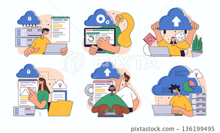 Cloud computing concept set for web design. Collection with people processing online, making sync, sharing files, using database server, more. Flat vector illustration isolated on white background. 136199495
