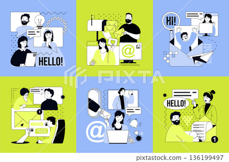 Communication concept of social media banners set for web design. People chatting online, sending messages and emails, meeting at video conference, share comments in community. Vector illustrations. Communication concept of social media banners set for web design. People chatting online, sending messages and emails, meeting at video conference, share comments in community. Vector illustrations. 136199497