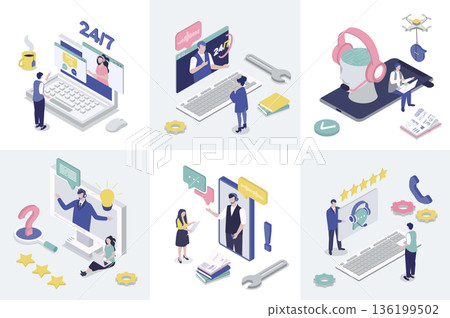 Customer support 3d isometry concept for web design. Collection set with isometric people calling at technical solution center with operators, online assistance and feedback. Vector illustration. Customer support 3d isometry concept for web design. Collection set with isometric people calling at technical solution center with operators, online assistance and feedback. Vector illustration. 136199502