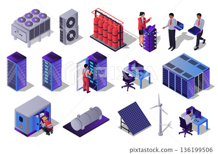 Data center 3d isometric set. Collection isolated flat elements of hardware, server racks, technicians, administration process, computer technology, network, database, more. Vector illustration. Data center 3d isometric set. Collection isolated flat elements of hardware, server racks, technicians, administration process, computer technology, network, database, more. Vector illustration. 136199506