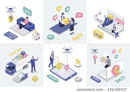 Delivery 3d isometry concept for web design. Collection set with isometric people getting food delivering with drones and couriers, truck transportation, tracking parcels in app. Vector illustration. 136199507