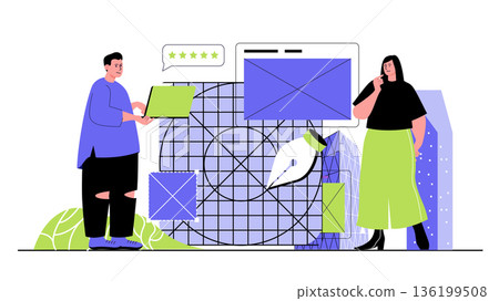 Design agency concept for modern web design. People working on designer project, creating content for branding and drawing graphic elements. Flat vector illustration isolated on white background. 136199508