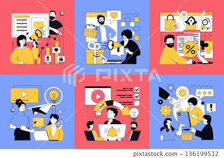 Digital content marketing concept of social media banners set for web design. People making internet advertising, online promotion for attracting clients, offering bonus, gifts. Vector illustrations. Digital content marketing concept of social media banners set for web design. People making internet advertising, online promotion for attracting clients, offering bonus, gifts. Vector illustrations. 136199512