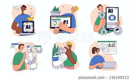 Digital engineering concept set for web design. Collection with people interact with ai technology, machine learning, robotics science, more. Flat vector illustration isolated on white background. Digital engineering concept set for web design. Collection with people interact with ai technology, machine learning, robotics science, more. Flat vector illustration isolated on white background. 136199513
