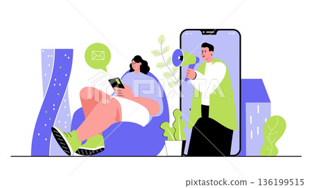 Digital marketing concept for modern web design. People with megaphone making online advertising for new customers, targeting and attraccing. Flat vector illustration isolated on white background. 136199515