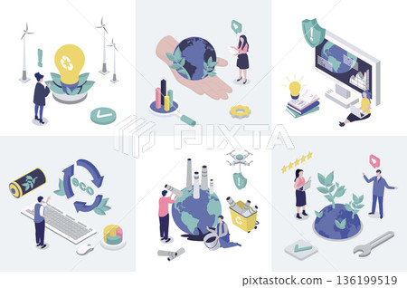 Ecology 3d isometry concept for web design. Collection set with isometric people using waste management and recycling technology, alternative energy for save planet and climate. Vector illustration. Ecology 3d isometry concept for web design. Collection set with isometric people using waste management and recycling technology, alternative energy for save planet and climate. Vector illustration. 136199519