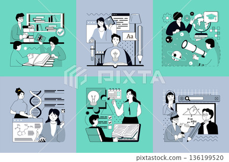 Education concept of social media banners set for web design. People learning science, reading book, studying at school lessons, gain knowledge and skills, training at tutorials. Vector illustrations. Education concept of social media banners set for web design. People learning science, reading book, studying at school lessons, gain knowledge and skills, training at tutorials. Vector illustrations. 136199520