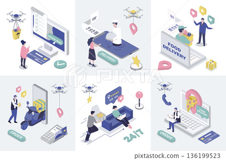 Food delivery 3d isometry concept for web design. Collection set with isometric people ordering online pizza or grocery menu in bags, using fast courier shipping service to home. Vector illustration. Food delivery 3d isometry concept for web design. Collection set with isometric people ordering online pizza or grocery menu in bags, using fast courier shipping service to home. Vector illustration. 136199523