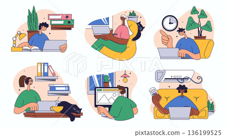 Freelance worker concept set for web design. Collection with people working distantly at laptops, connecting online, do tasks in home, more. Flat vector illustration isolated on white background. Freelance worker concept set for web design. Collection with people working distantly at laptops, connecting online, do tasks in home, more. Flat vector illustration isolated on white background. 136199525