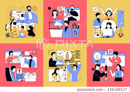 Graphic web design concept of social media banners set. People working on website, finding creative ideas for project, coding and programming, designers drawing digital content. Vector illustrations. Graphic web design concept of social media banners set. People working on website, finding creative ideas for project, coding and programming, designers drawing digital content. Vector illustrations. 136199527