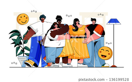 Happy people together concept for modern web design. Multinational friends standing and hugging, multiracial group smiling and supporting. Flat vector illustration isolated on white background. Happy people together concept for modern web design. Multinational friends standing and hugging, multiracial group smiling and supporting. Flat vector illustration isolated on white background. 136199528