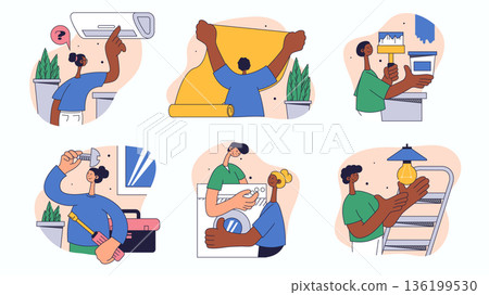 Home repair workers concept set for web design. Collection with people fixing conditioner, painting wall, wallpapering, light bulb replace, more. Flat vector illustration isolated on white background. 136199530