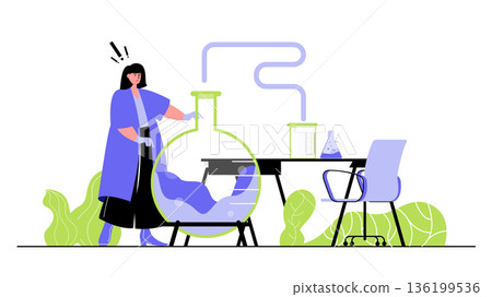 Laboratory concept for modern web design. People scientists making chemical tests in flask, doing experiments and innovation discovery in lab. Flat vector illustration isolated on white background. Laboratory concept for modern web design. People scientists making chemical tests in flask, doing experiments and innovation discovery in lab. Flat vector illustration isolated on white background. 136199536