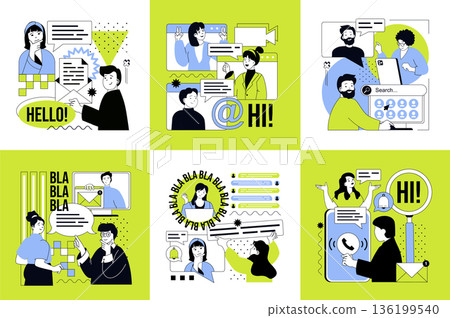 Lets talk concept of social media banners set for web design. People communicating, sending emails and messages, networking, chatting in groups and communities, video calling. Vector illustrations. Lets talk concept of social media banners set for web design. People communicating, sending emails and messages, networking, chatting in groups and communities, video calling. Vector illustrations. 136199540