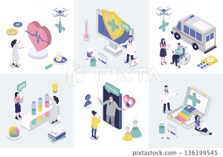 Medicine 3d isometry concept for web design. Collection set with isometric people getting online consultation with doctor, emergency help, diagnosis, treatment, laboratory tests. Vector illustration. Medicine 3d isometry concept for web design. Collection set with isometric people getting online consultation with doctor, emergency help, diagnosis, treatment, laboratory tests. Vector illustration. 136199545