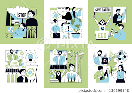 Nature and ecology concept of social media banners set for web design. People stopping toxic pollution, save planet and forest, using green alternative energy, recycling trash. Vector illustrations. 136199548