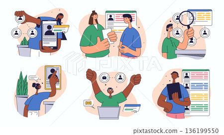 Online recruitment concept set for web design. Collection with people searching best cv, candidate interview, hiring employee in staff, more. Flat vector illustration isolated on white background. 136199550