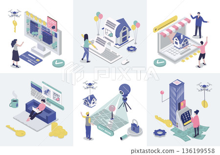 Real estate 3d isometry concept for web design. Collection set with isometric people searching new home, buying property, rents apartment, building houses, mortgage for customer. Vector illustration. 136199558