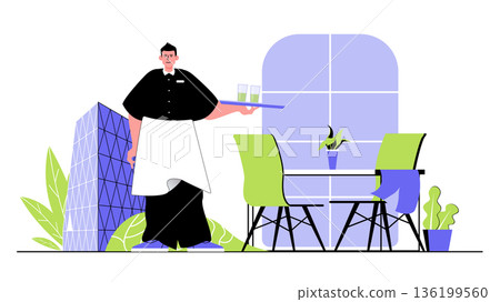 Restaurant concept for modern web design. People having dinner at cafe, waiter carries menu and glasses, serving romantic date or evening dining. Flat vector illustration isolated on white background. Restaurant concept for modern web design. People having dinner at cafe, waiter carries menu and glasses, serving romantic date or evening dining. Flat vector illustration isolated on white background. 136199560
