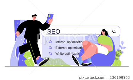 Seo optimization concept for modern web design. People adjusting search engine with keywords, searching queries and increase website traffic. Flat vector illustration isolated on white background. Seo optimization concept for modern web design. People adjusting search engine with keywords, searching queries and increase website traffic. Flat vector illustration isolated on white background. 136199563