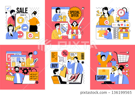 Shopping and Ecommerce concept of social media banners set for web design. People buying in online stores, making purchases with bargain discount prices, paying credit card. Vector illustrations. 136199565