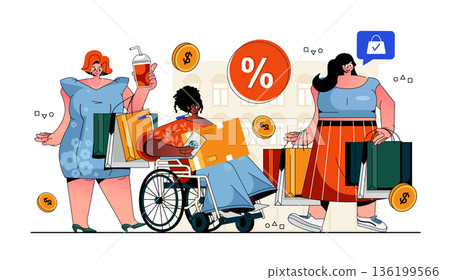 Shopping concept for modern web design. Happy women hold bags with purchases, diverse people buying at store, shop or mall with discount sale. Flat vector illustration isolated on white background. Shopping concept for modern web design. Happy women hold bags with purchases, diverse people buying at store, shop or mall with discount sale. Flat vector illustration isolated on white background. 136199566