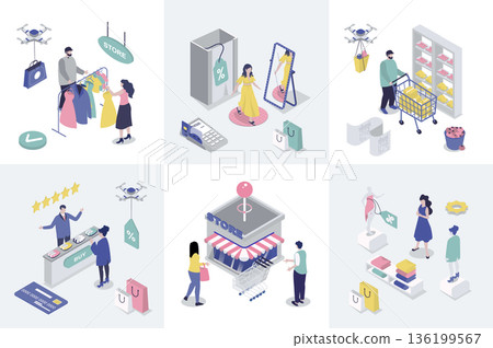 Shopping 3d isometry concept for web design. Collection set with isometric people buying new clothes in retail stores and shops, buying products in supermarket, pay credit card. Vector illustration. Shopping 3d isometry concept for web design. Collection set with isometric people buying new clothes in retail stores and shops, buying products in supermarket, pay credit card. Vector illustration. 136199567
