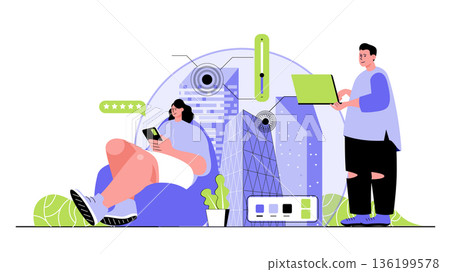 Smart city concept for modern web design. People monitoring and managing homes with eco friendly infrastructure, using green electricity in apps. Flat vector illustration isolated on white background. 136199578