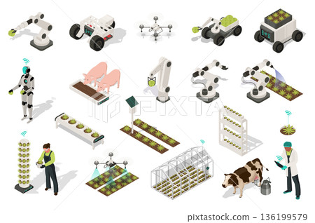 Smart farm 3d isometric set. Collection isolated flat elements of robotic arm manipulation, gardening machinery, drone, harvesting, ai robot, watering, vertical greenhouse, more. Vector illustration. 136199579
