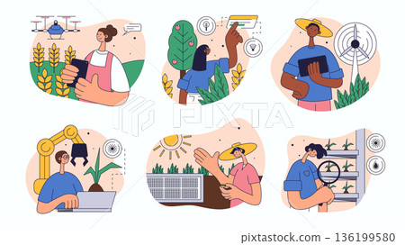 Smart farming concept set for web design. Collection with people monitoring fields by drone, robotic arms work, greenhouse cultivation, more. Flat vector illustration isolated on white background. Smart farming concept set for web design. Collection with people monitoring fields by drone, robotic arms work, greenhouse cultivation, more. Flat vector illustration isolated on white background. 136199580