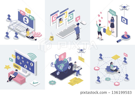 Social network 3d isometry concept for web design. Collection set with isometric people connecting and communicating online, chat with friends, commenting posts, likes and shares. Vector illustration. 136199583