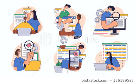 Software testing concept set for web design. Collection with people programming, testing code, searching errors, fixing bugs, reporting, more. Flat vector illustration isolated on white background. 136199585