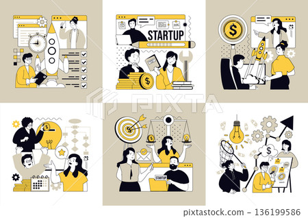 Startup concept of social media banners set for web design. People launching new business, analyzing data, planning project strategy, investment, entrepreneur developing company. Vector illustrations. 136199586
