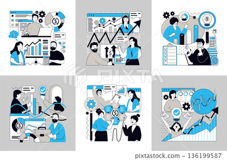 Statistics and analytics concept of social media banners set for web design. People making research for business financial planning, reporting, working with graphs and charts. Vector illustrations. 136199587