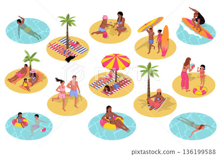 Summer beach 3d isometric set. Collection isolated flat elements of swimming in sea, children playing in sand, surfing, surfboard, woman and man relax at resort, sunbathing, more. Vector illustration. 136199588