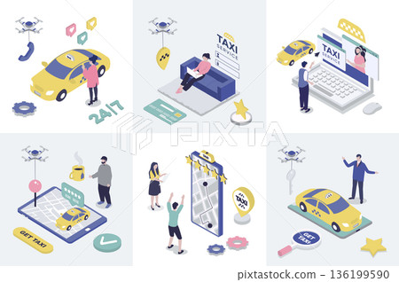 Taxi service 3d isometry concept for web design. Collection set with isometric people booking car online, tracking traffic and map navigation in app, call for ordering transfer. Vector illustration. 136199590